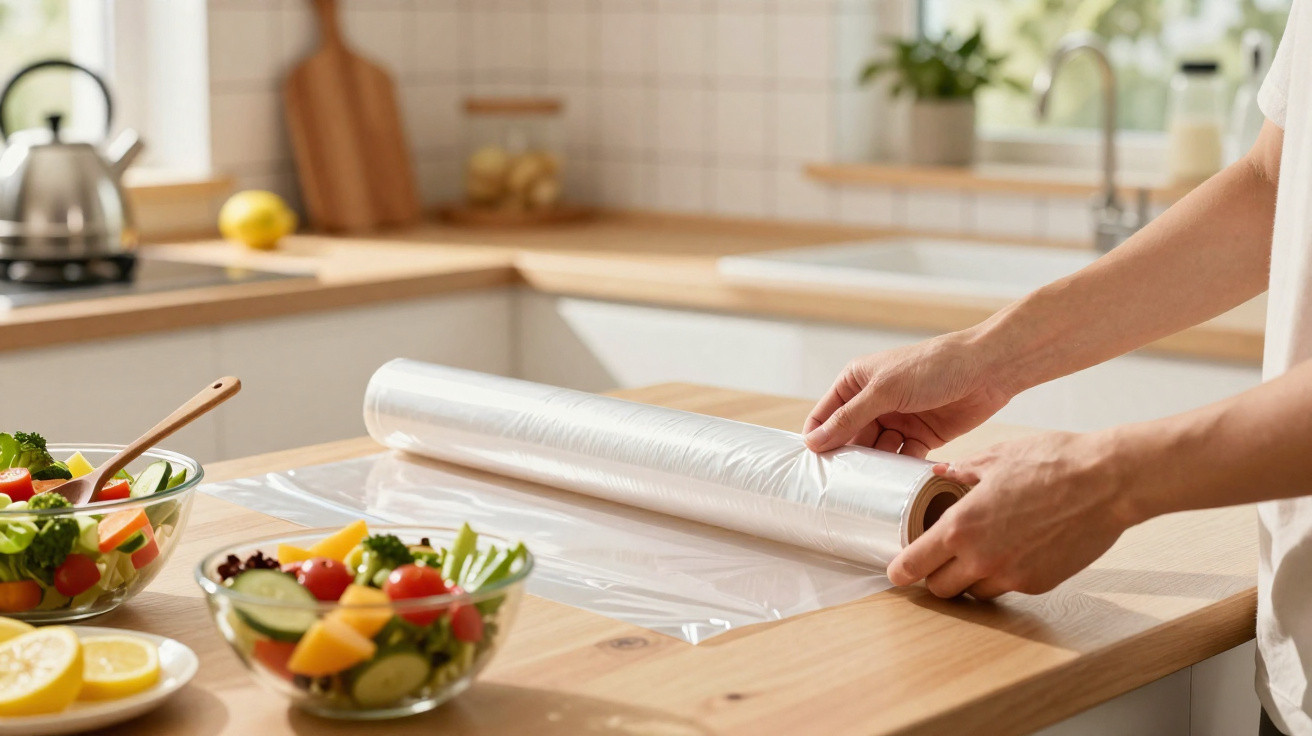 Person pulling plastic wrap on a wooden kitchen counter with bowls of fresh salad nearby.