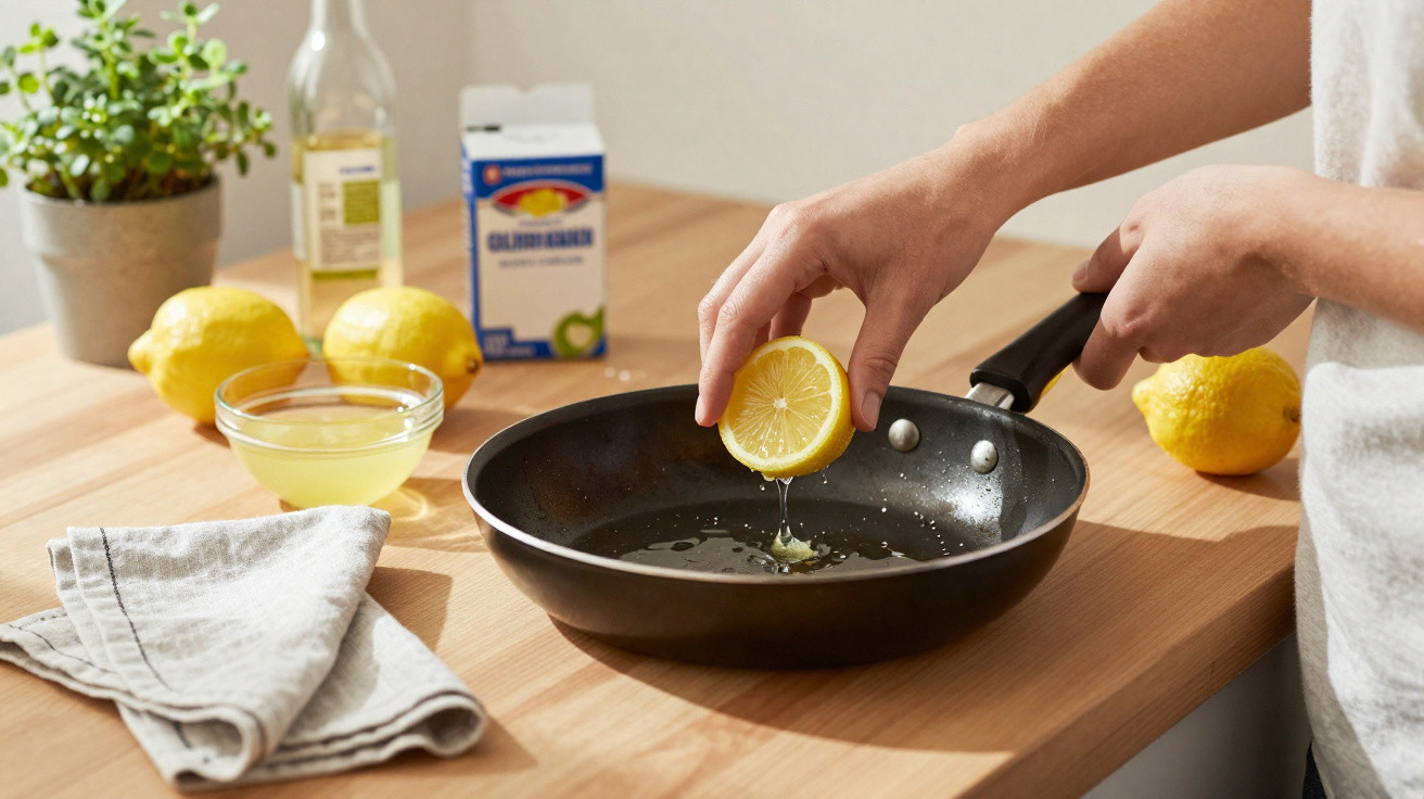 Person squeezing lemon juice into a frying pan on a wooden kitchen countertop with lemons and ingredients nearby.