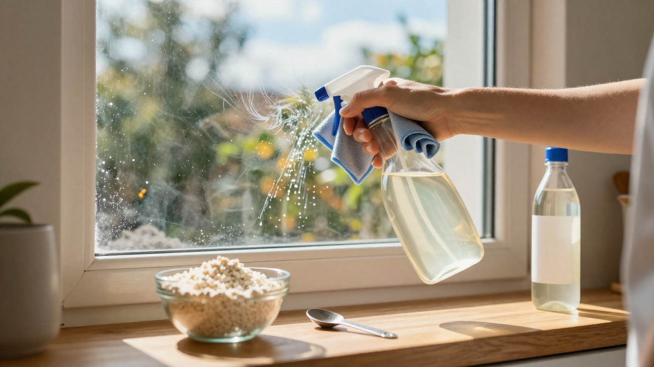 Hand spraying cleaning solution on a window with a cloth in hand, bowl of cereal, and bottle on windowsill.