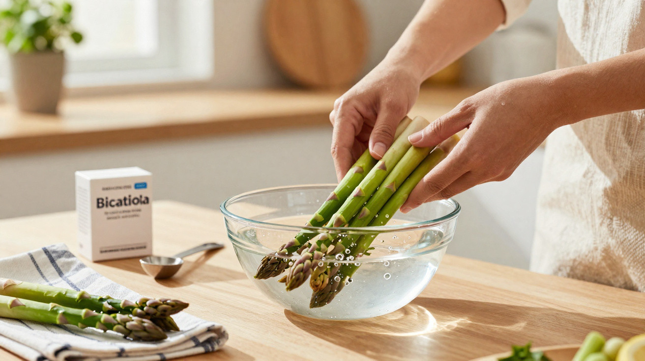 Person washing fresh asparagus in a clear glass bowl filled with water on a wooden kitchen counter.