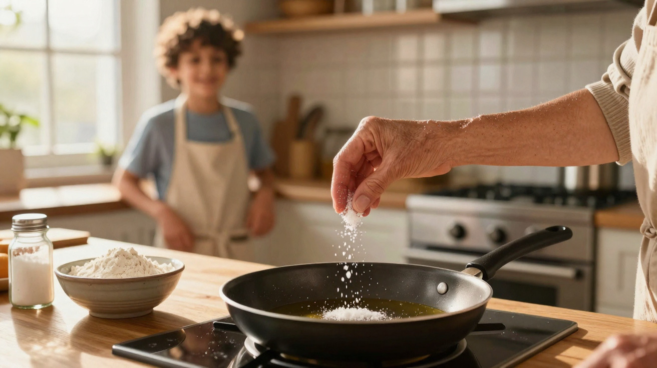 Hand sprinkling salt into a frying pan with cooking oil in a bright kitchen, child watching in the background.