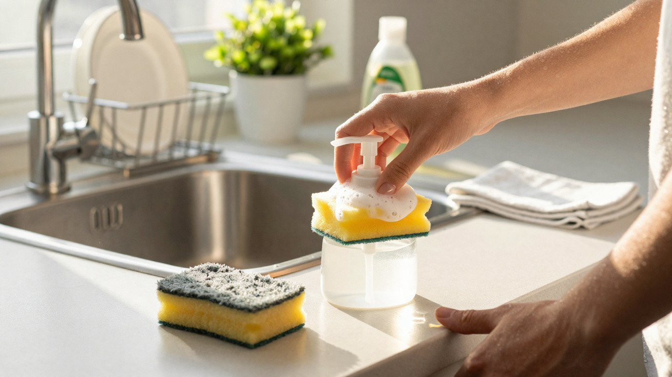 Person dispensing soap onto a yellow and green kitchen sponge by a sink with a dish rack and plant in the background.
