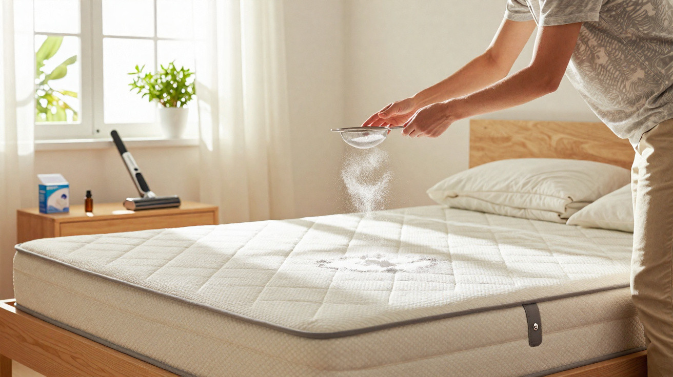 Person sprinkling powder onto a bed mattress in a bright, tidy bedroom with natural light.