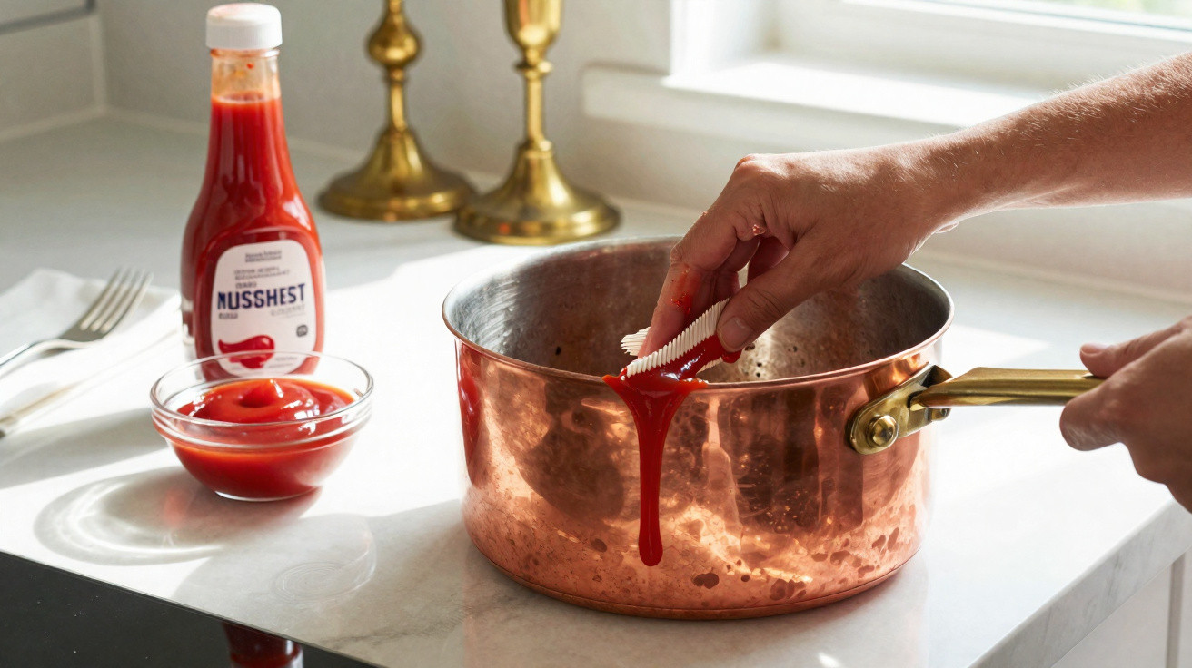 Hands stirring thick red sauce dripping from a spatula into a copper saucepan on a countertop.