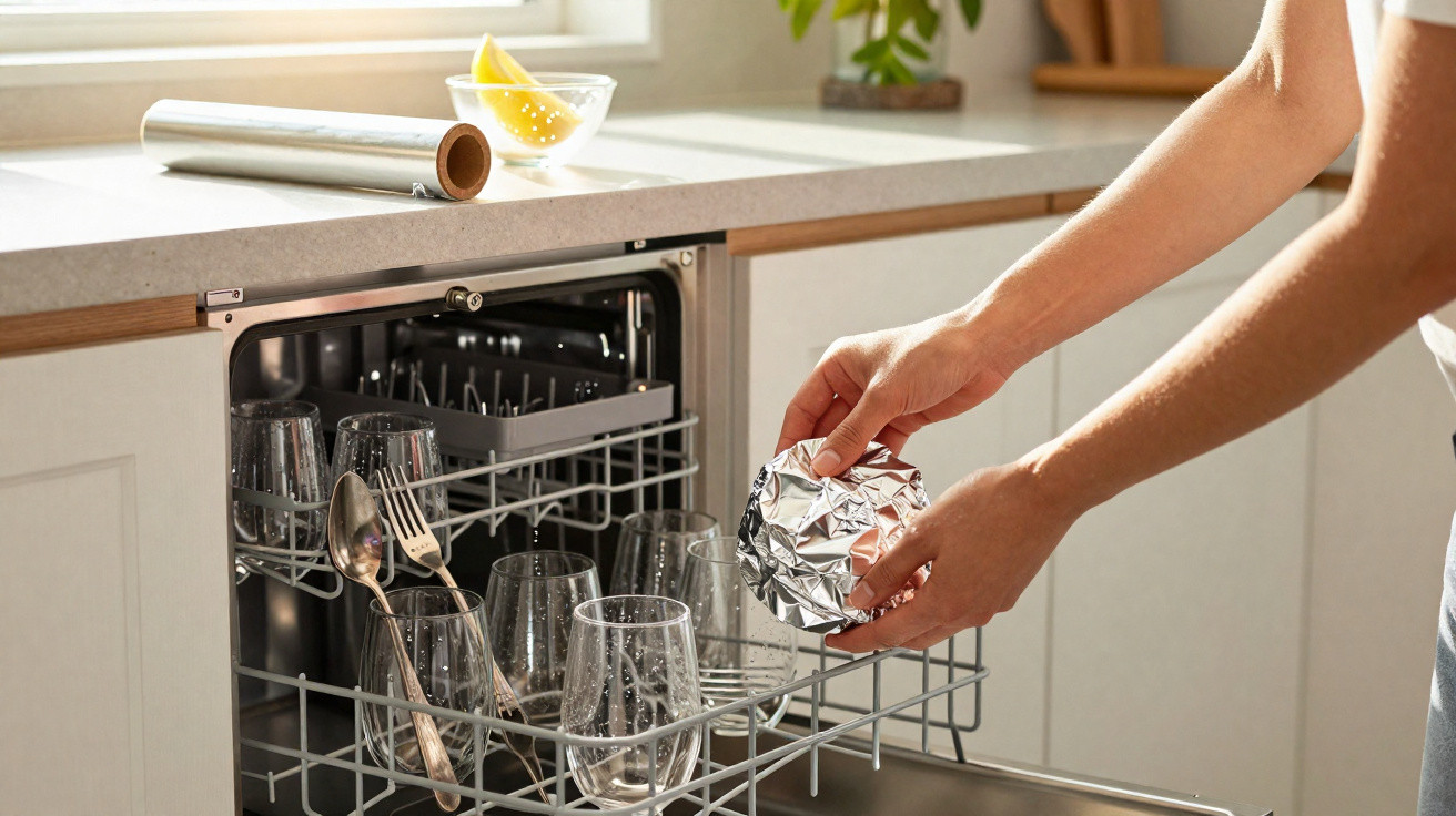Person loading utensils and glassware wrapped in foil into a dishwasher in a bright kitchen.
