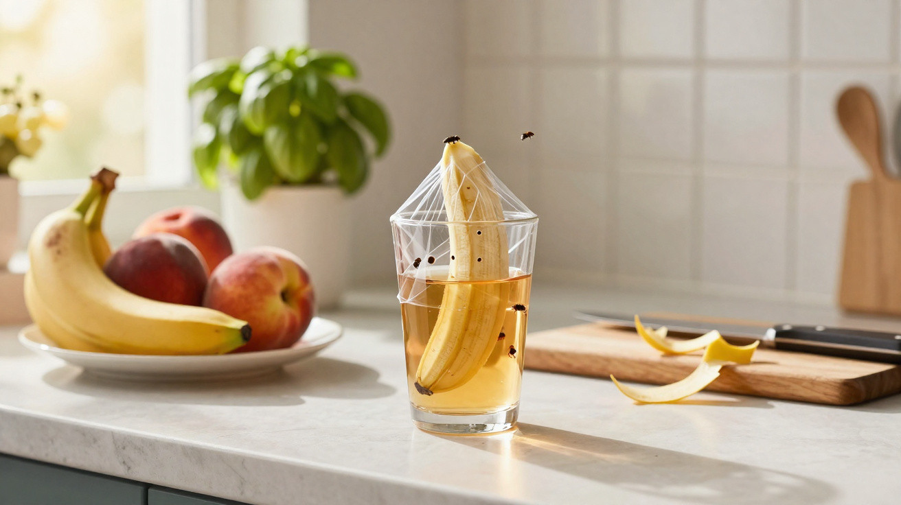 Glass of water with a peeled banana wrapped in plastic film and fruit flies around it on a kitchen countertop.