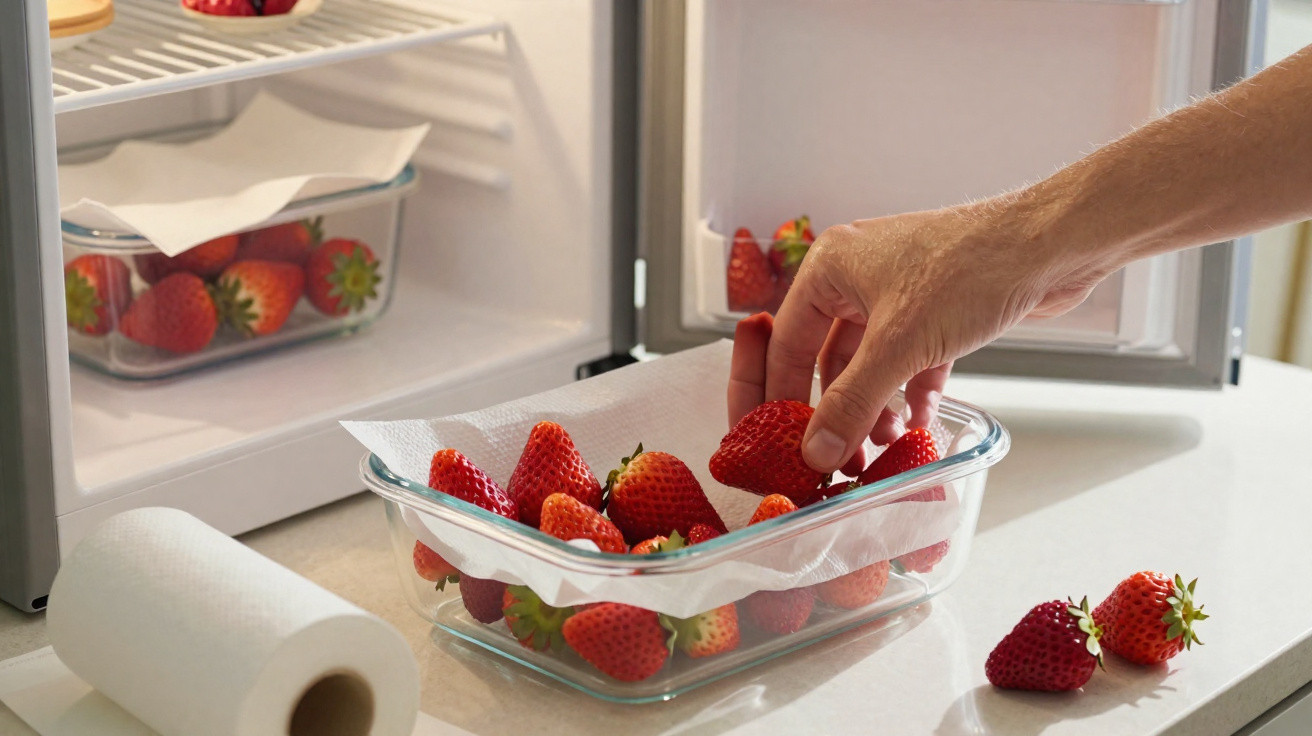Hand picking fresh strawberries from a glass container lined with paper towels in front of an open fridge.