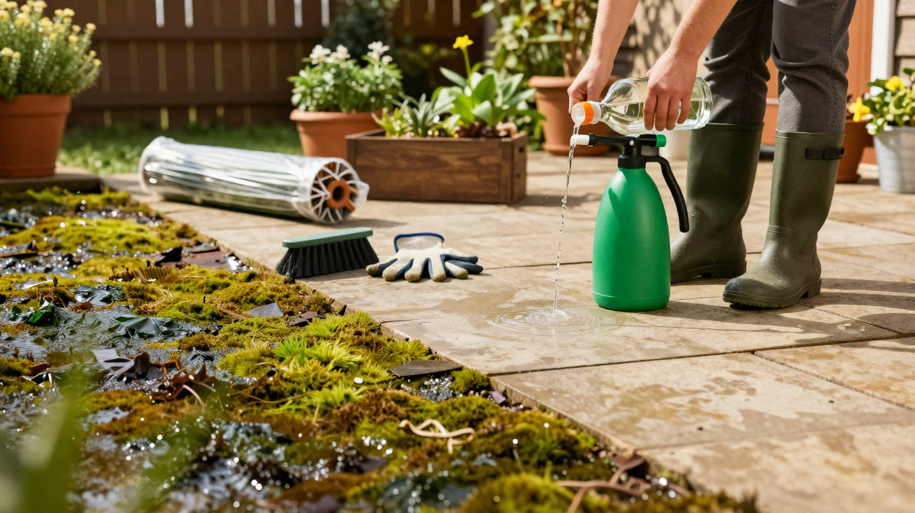 Person pouring liquid into a green garden sprayer on a patio next to moss and plants.