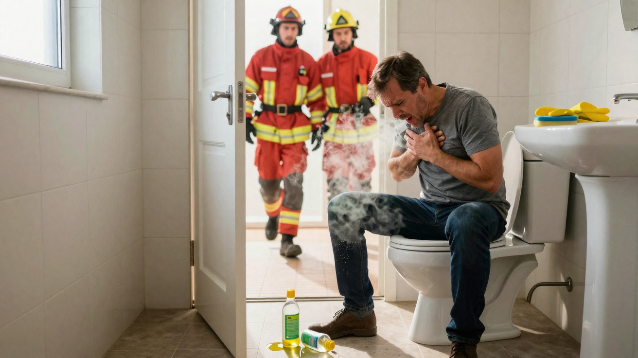 Man in pain clutching chest sitting on toilet with firefighters arriving in bathroom doorway
