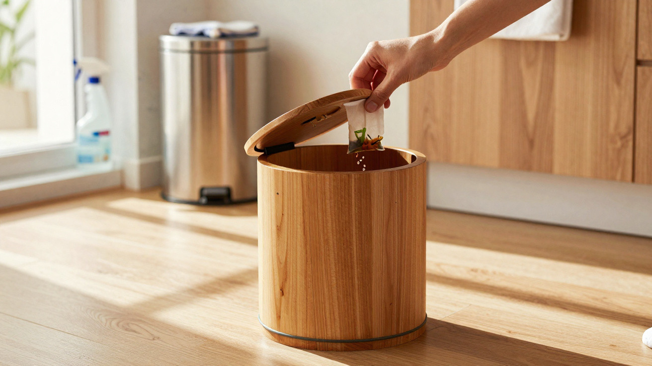 Hand placing a small food waste bag into a wooden indoor compost bin on a kitchen floor.