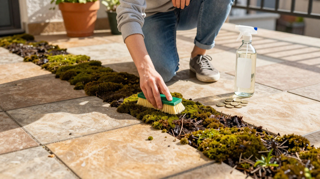 Person cleaning moss growing between patio tiles using a scrubbing brush and spray bottle.