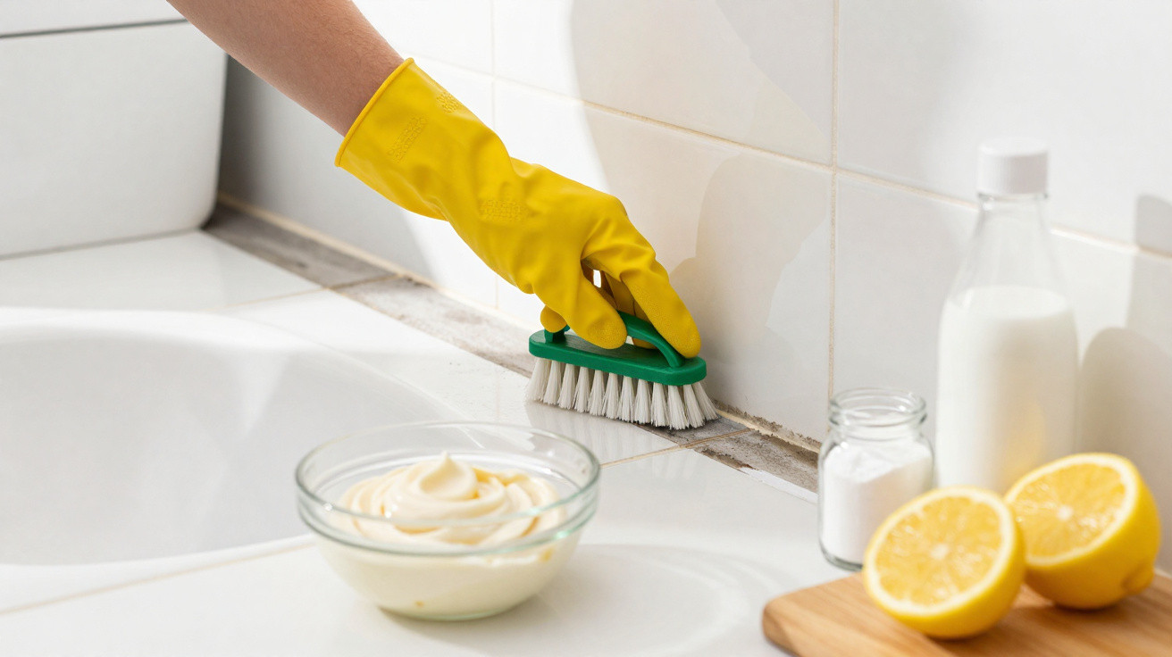 Hand in yellow glove scrubbing bathroom tile grout with brush, lemon halves and cleaning supplies nearby.