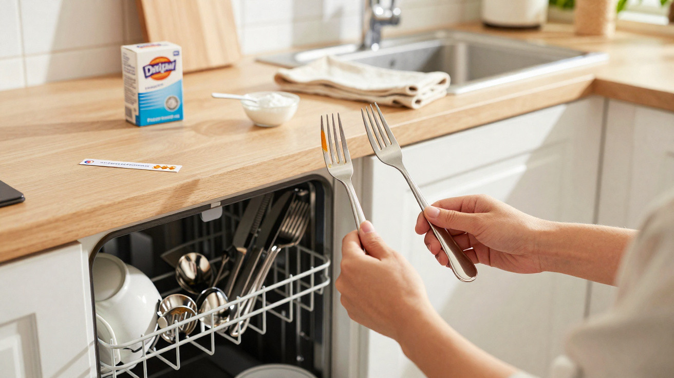 Person holding two forks in front of an open dishwasher with kitchen counters and sink in the background