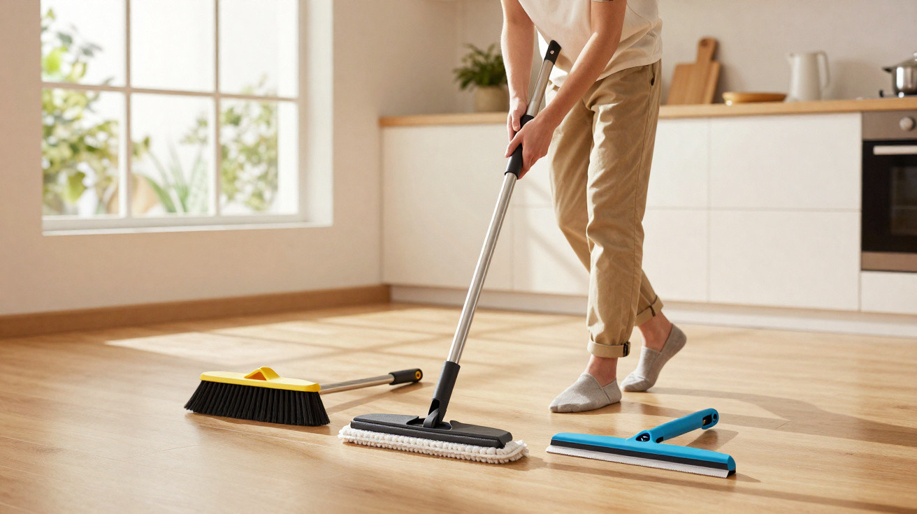 Person mopping a wooden floor in a bright kitchen with a broom and squeegee nearby.