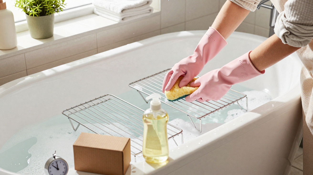 Person wearing pink gloves cleaning metal oven racks over a filled bathtub with cleaning supplies nearby.
