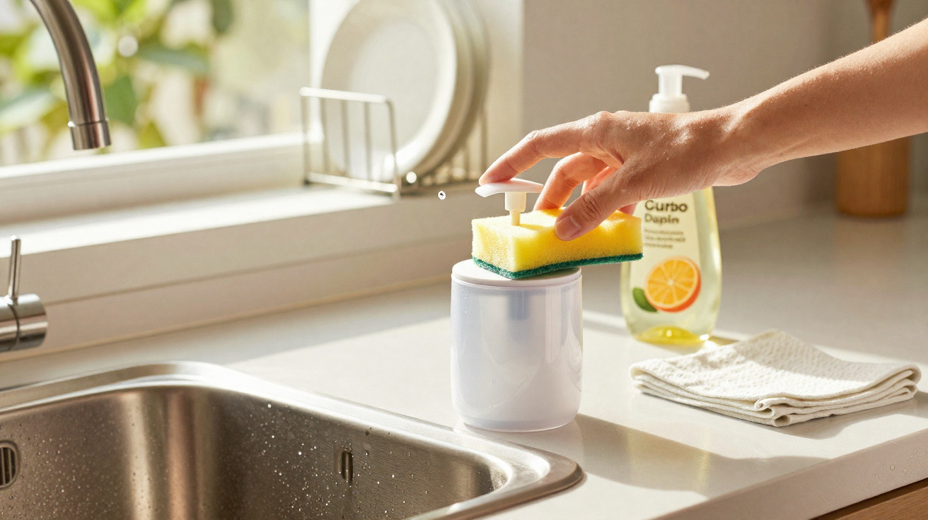 Hand pressing a yellow sponge on a white soap dispenser next to a kitchen sink and lemon dish soap bottle.