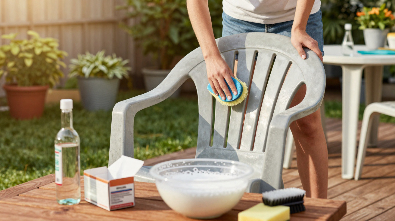 Person cleaning a plastic garden chair with soapy water and a scrubbing brush outdoors on a sunny day.