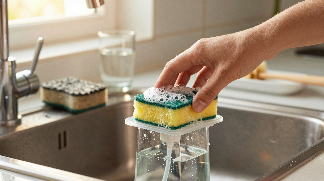 Hand pressing a yellow and green soapy sponge attached to a clear liquid soap dispenser by a kitchen sink.