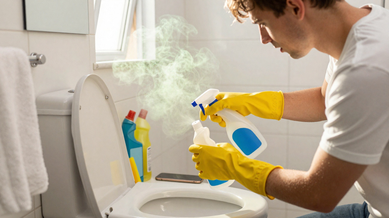 Man wearing yellow gloves spraying cleaner into a toilet bowl in a bright bathroom with steam rising.