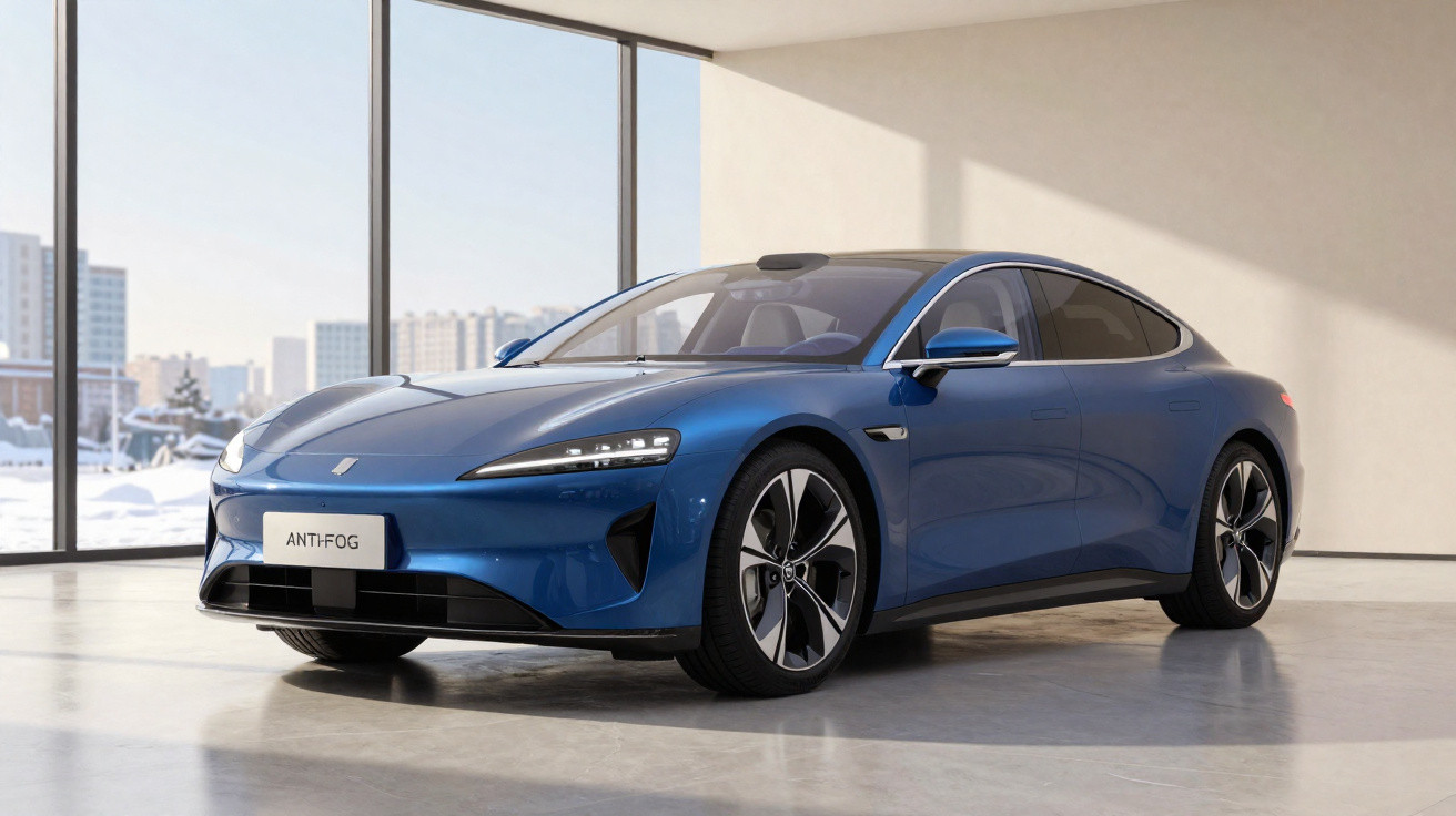 Blue modern electric sedan parked indoors with large windows showing a cityscape and snowy outdoors.