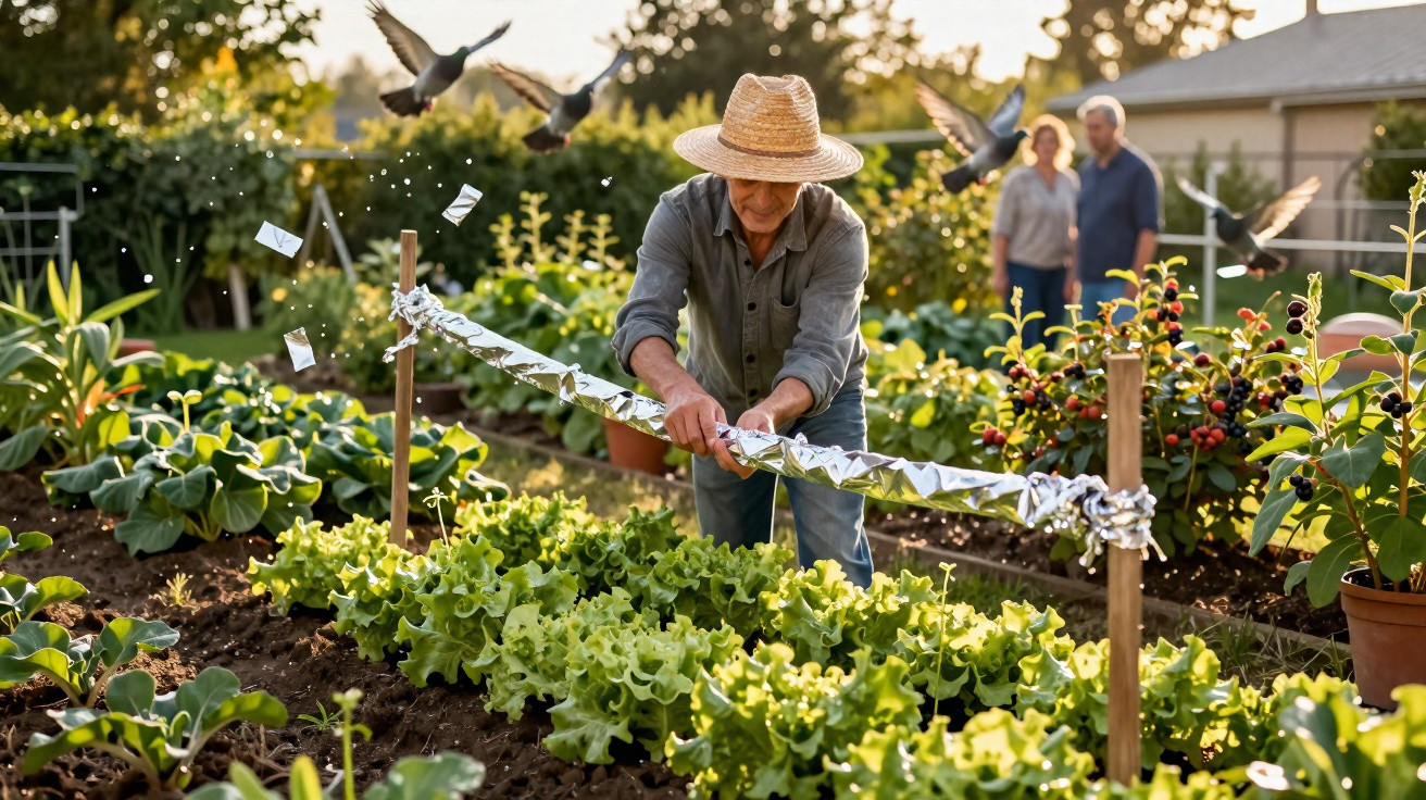 An elderly man in a straw hat using shiny foil to scare birds from a vegetable garden with two people in the background.