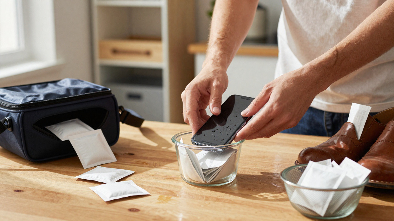 Person placing a wet smartphone into a silica gel packet inside a glass bowl on a wooden table.