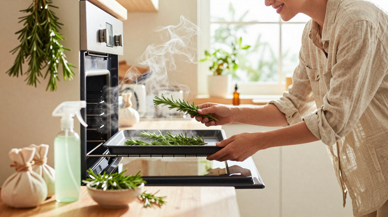 Person placing fresh rosemary on a steaming tray in a bright kitchen with natural light.