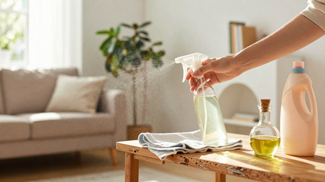 Hand spraying a cleaning solution on a wooden table with a grey cloth, plant, sofa, and cleaning supplies in the background.