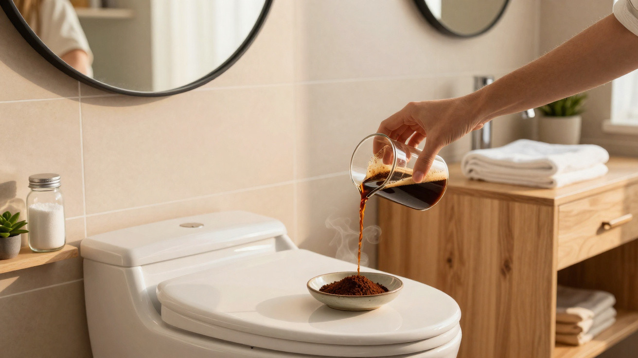 Hand pouring black coffee over a bowl of coffee grounds on a closed toilet seat in a bathroom.