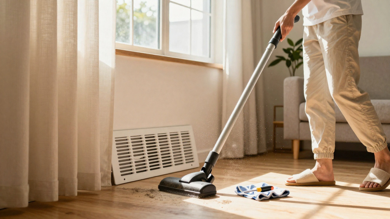 Person vacuuming dust on wooden floor near window in bright, airy living room.
