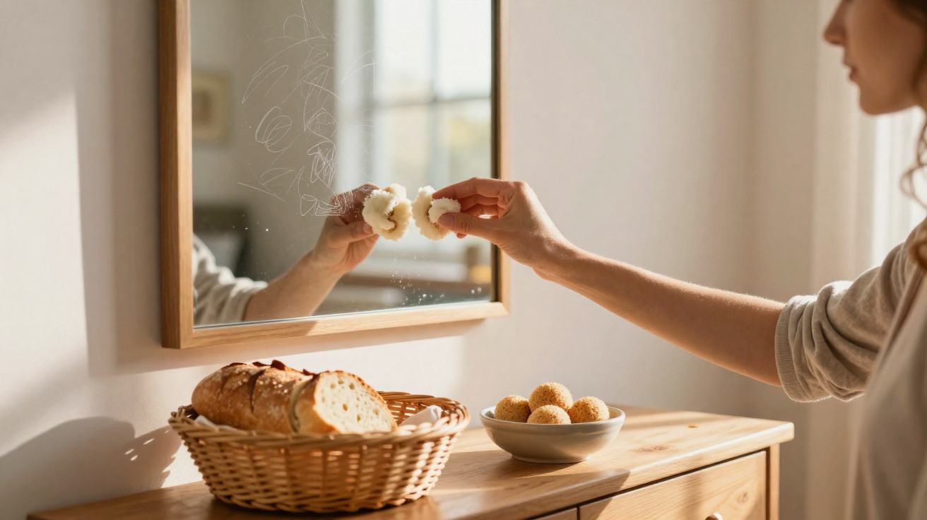 Person breaking a rice cake in front of a mirror next to a basket of bread and bowl of snacks on a wooden sideboard.