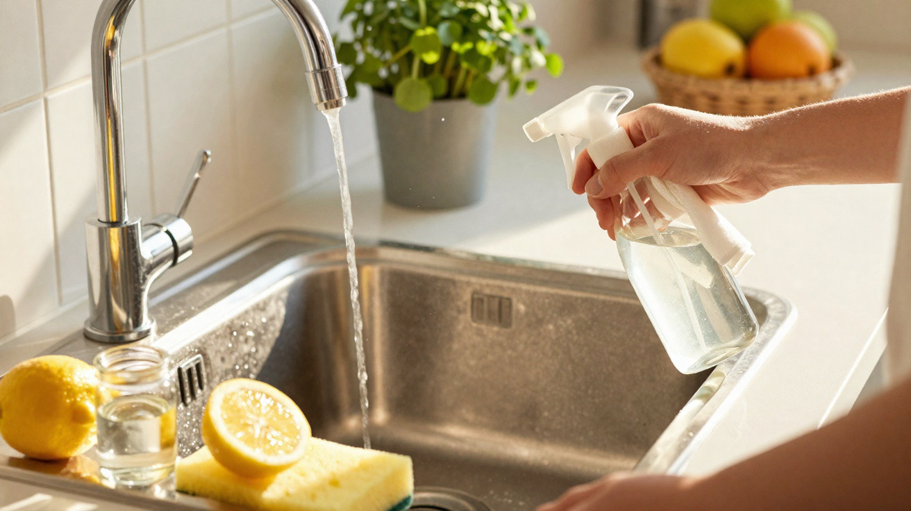 Hand holding a spray bottle over a kitchen sink with running water, lemons, and a sponge nearby.