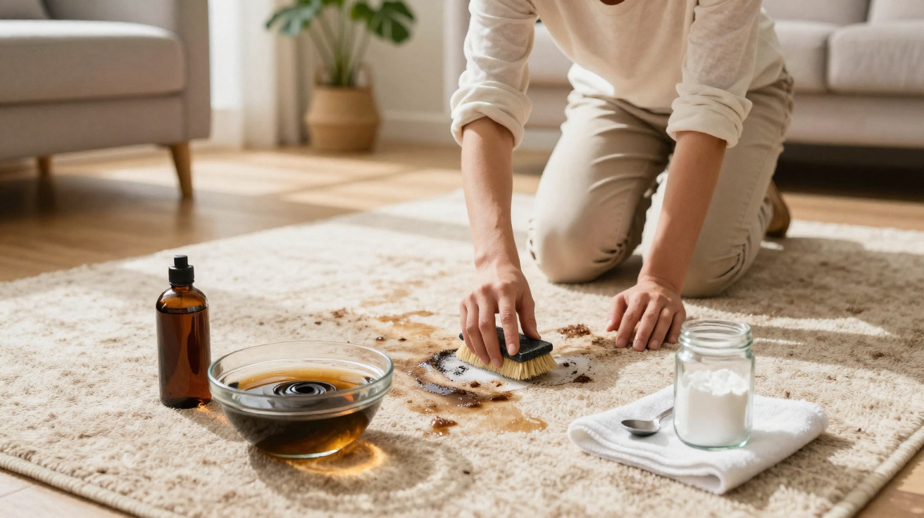 Person cleaning a coffee stain on a beige carpet with a brush, cleaning products, and a bowl of liquid nearby.