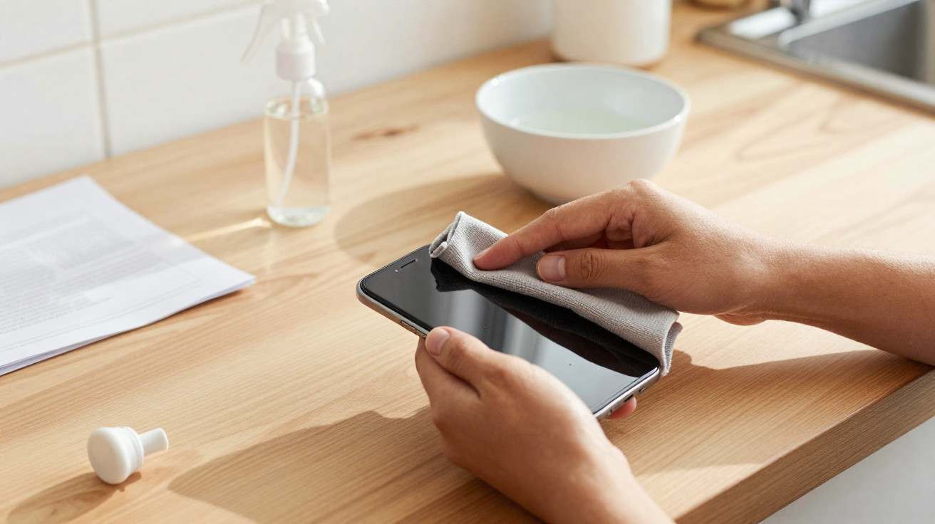 Person cleaning a smartphone screen with a cloth on a wooden countertop with a bowl and spray bottle nearby.