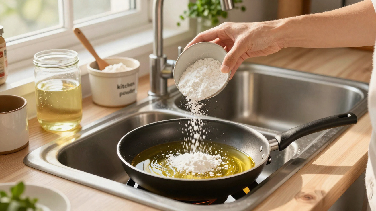 Hand pouring white powder from a bowl into a frying pan with oil on a kitchen stove near a sink.