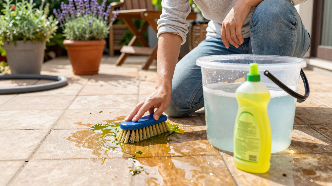 Person scrubbing a tiled patio floor with a brush, bucket of soapy water, and detergent bottle nearby.