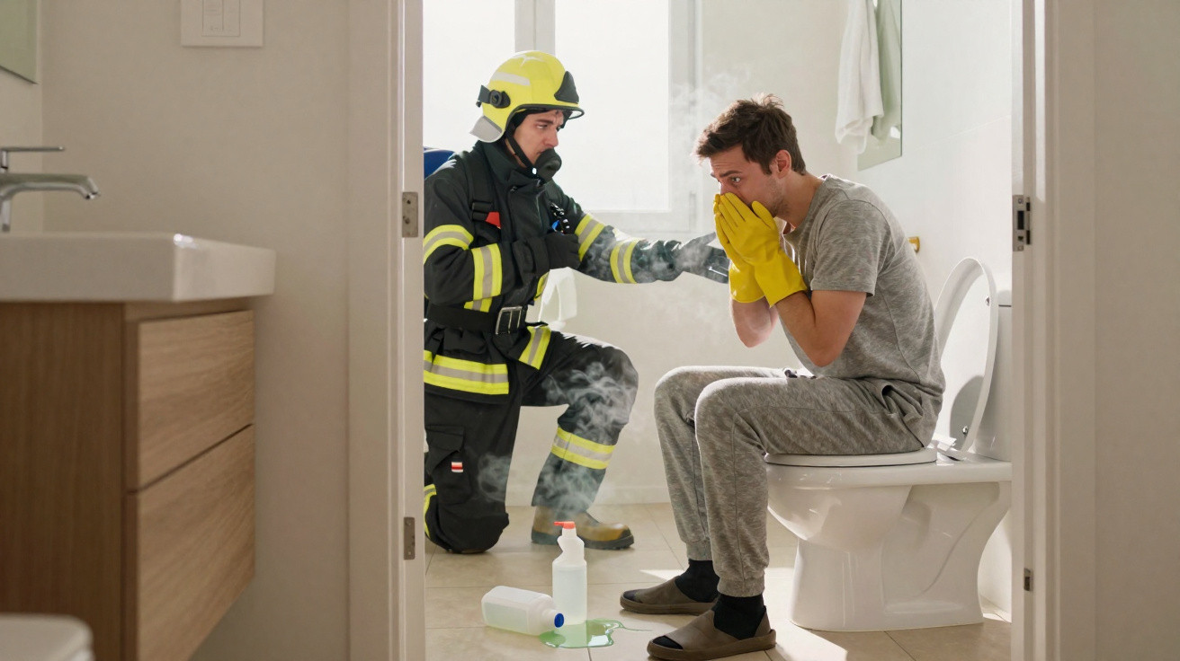 Firefighter assisting a man choking on fumes in a smoke-filled bathroom.