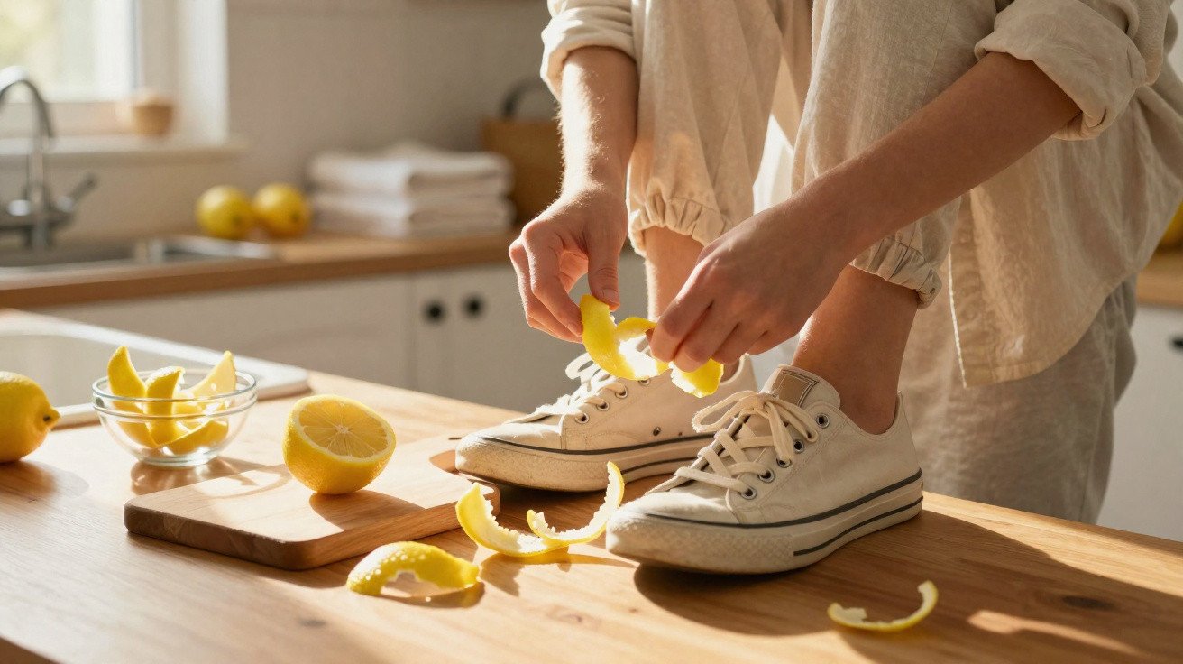Person peeling lemon while sitting on wooden kitchen counter wearing white sneakers and beige clothing