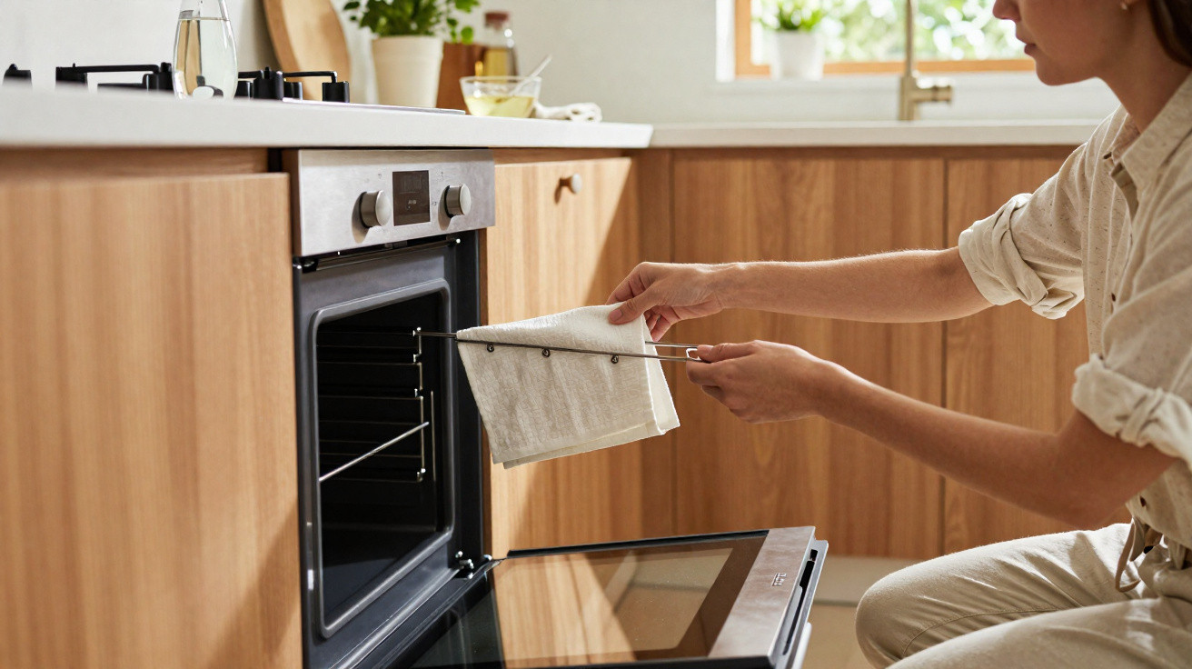 Person using an oven rack puller to adjust the oven rack in a modern wooden kitchen.