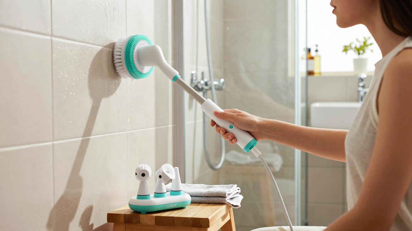 Person using electric scrub brush with interchangeable heads to clean bathroom wall tiles