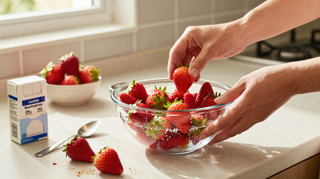 Hands washing fresh strawberries in a glass bowl on a kitchen countertop near sugar and a spoon.