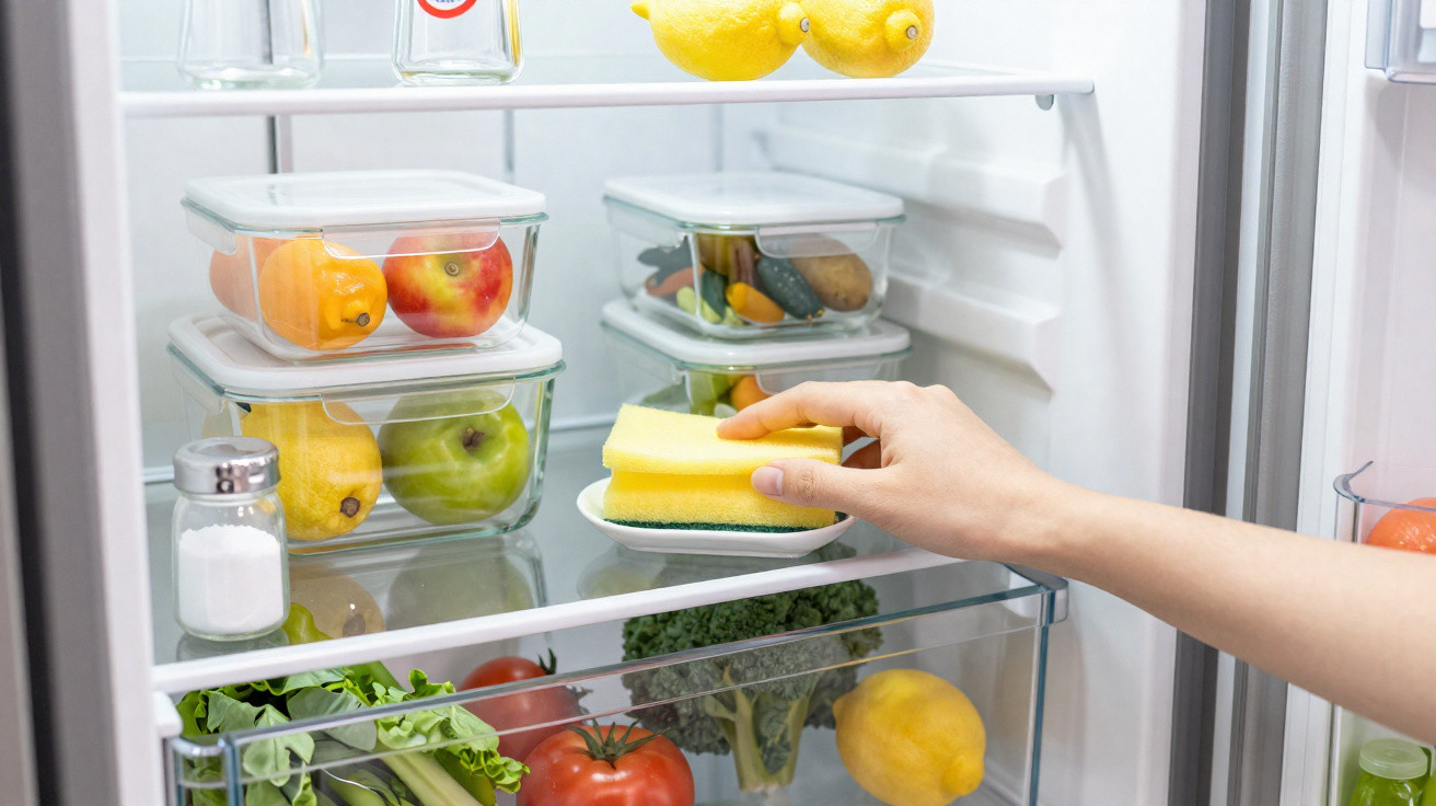 Hand placing a yellow sponge on a plate inside a fridge stocked with fruits and vegetables.