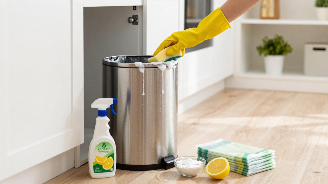 Hand wearing yellow glove cleaning a stainless steel bin with sponge and foam in a kitchen setting.