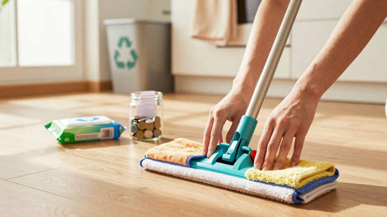 Hands attaching a microfiber cloth to a mop on a wooden floor with recycling bin and jar of coins in the background.