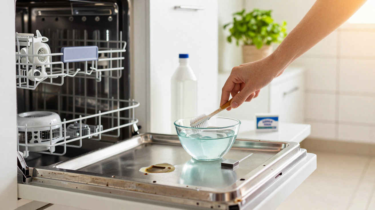 Hand scrubbing a dishwasher door with a toothbrush and cleaning solution in a bright kitchen setting.