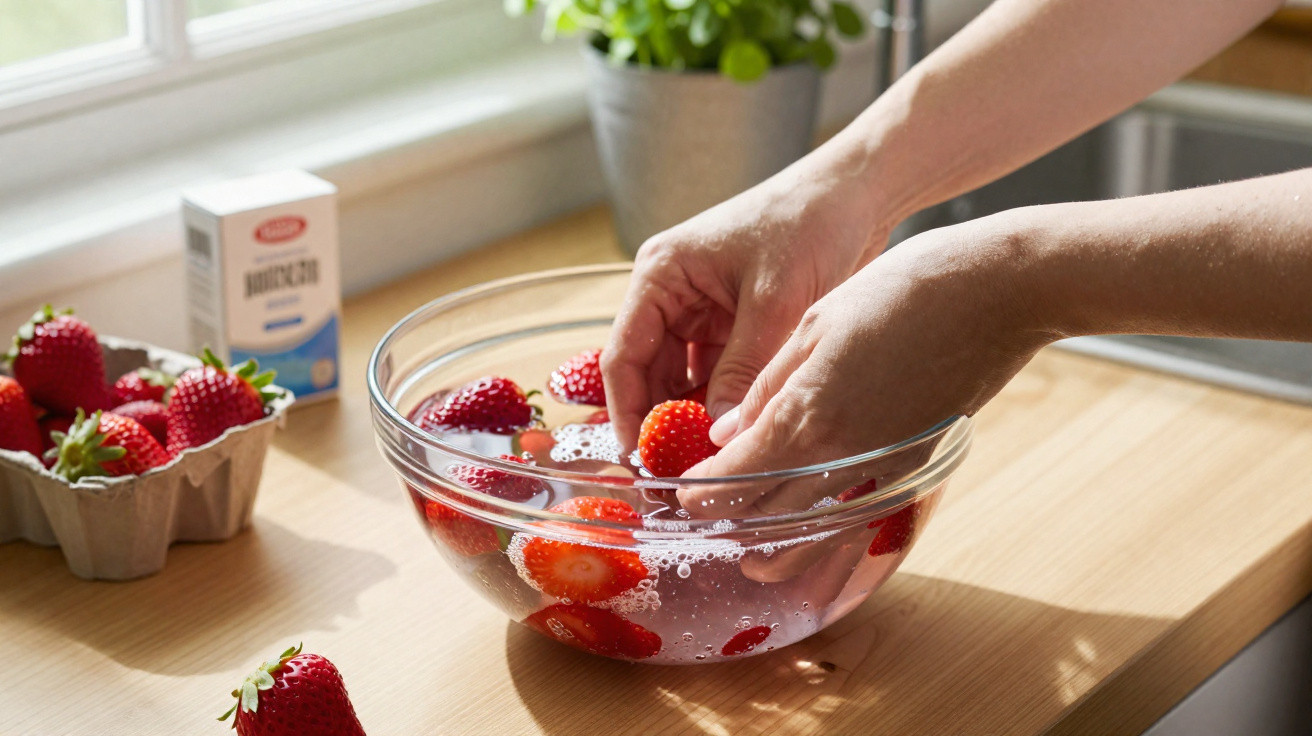Hands washing fresh strawberries in a glass bowl filled with water on a wooden kitchen countertop.