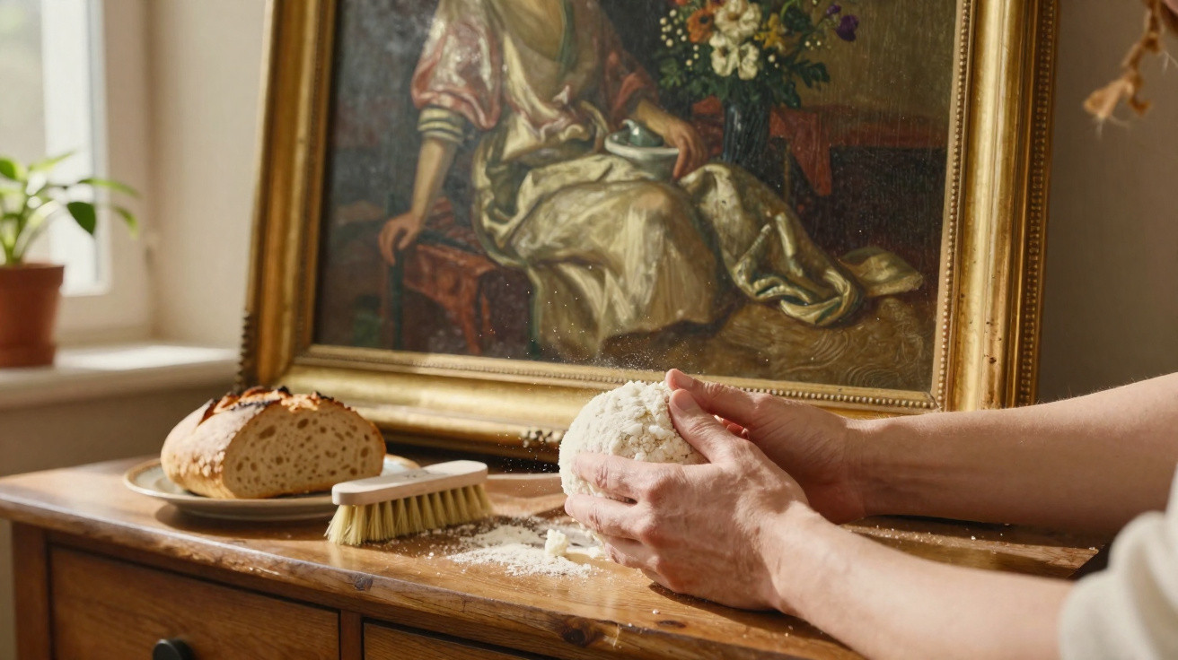 Hands kneading dough on a wooden table with a loaf of bread, brush, and framed painting in the background
