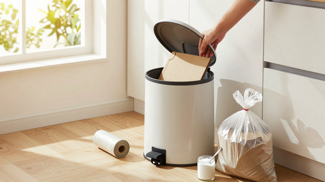 Hand placing cardboard in a white pedal bin with rubbish bag and roll on wooden kitchen floor near window.