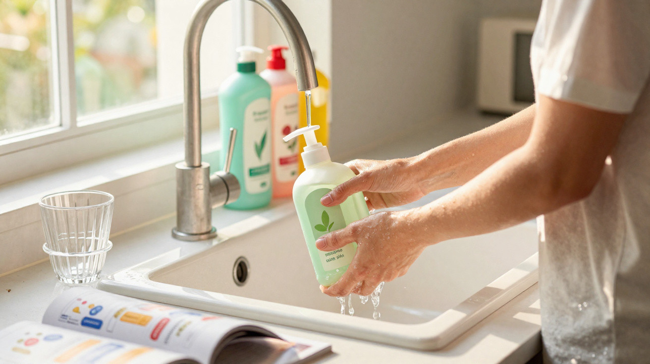 Person washing hands with liquid soap at a kitchen sink with bottles and a glass nearby.