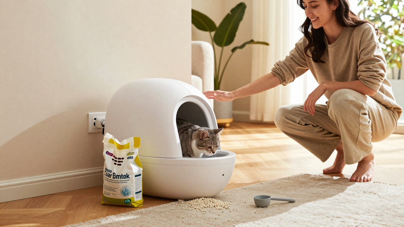 Woman crouching near a cat using an automatic litter box with scattered litter on the floor